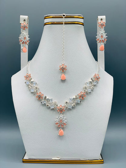 Azure Bloom Luxury Floral Necklace Set with Earrings & Maang Tikka | Premium Wedding Jewelry
