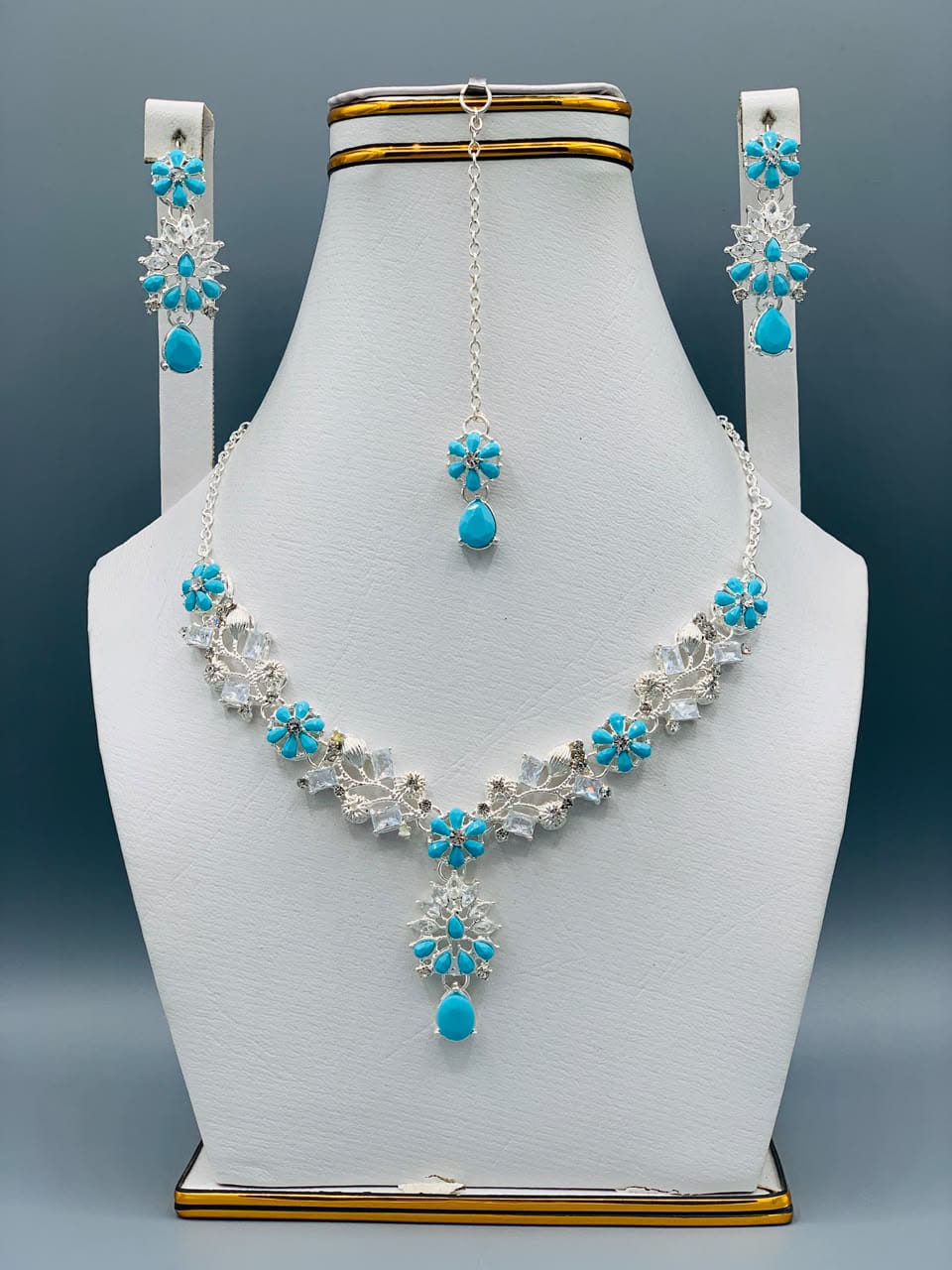 Azure Bloom Luxury Floral Necklace Set with Earrings & Maang Tikka | Premium Wedding Jewelry