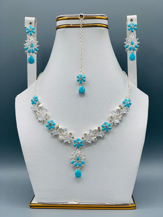 Azure Bloom Luxury Floral Necklace Set with Earrings & Maang Tikka | Premium Wedding Jewelry
