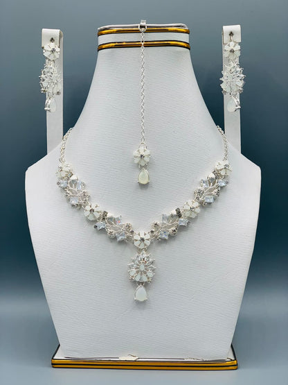 Azure Bloom Luxury Floral Necklace Set with Earrings & Maang Tikka | Premium Wedding Jewelry