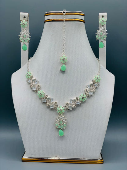 Azure Bloom Luxury Floral Necklace Set with Earrings & Maang Tikka | Premium Wedding Jewelry