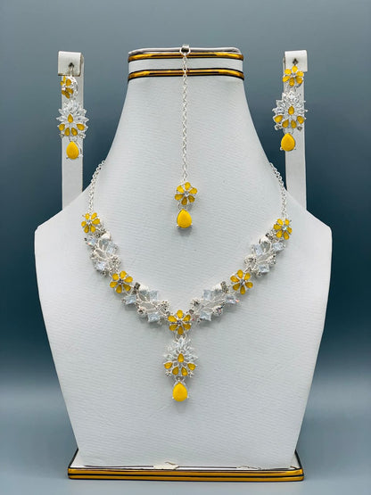 Azure Bloom Luxury Floral Necklace Set with Earrings & Maang Tikka | Premium Wedding Jewelry