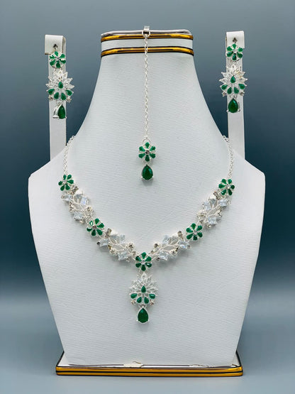 Azure Bloom Luxury Floral Necklace Set with Earrings & Maang Tikka | Premium Wedding Jewelry